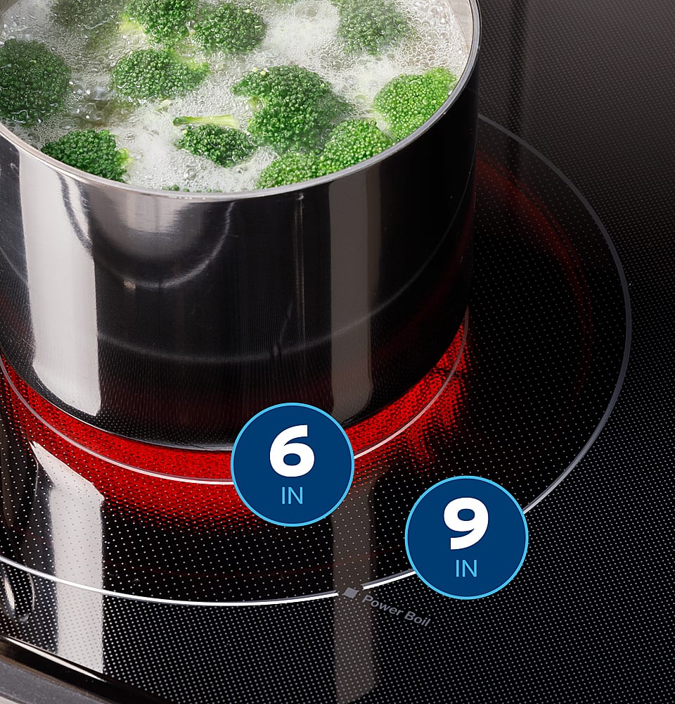 The image shows a pot of broccoli cooking on a stove with the heat set to 6 inches. The pot is filled with broccoli, and the heat is being measured by the stove's power boil feature. The stove's heat is set to 9 inches, indicating that the broccoli is being cooked at a high temperature.