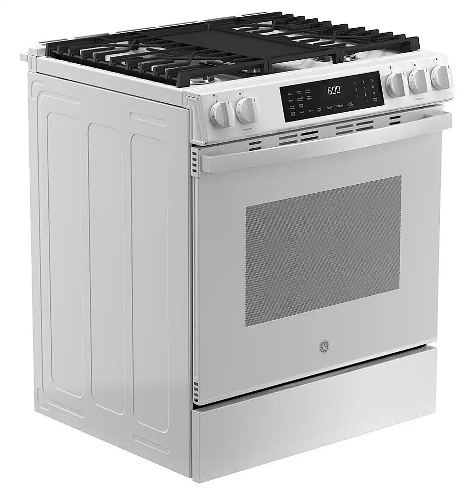 Angle. GE - 5.3 Cu. Ft. Slide-In Gas Convection Range with Steam Cleaning and EasyWash Tray - White.