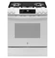 GE - 30 in. Wide 5 Burners 5.3 Cu. Ft. Slide-In Gas Convection Range with Steam Cleaning and EasyWash Tray - White