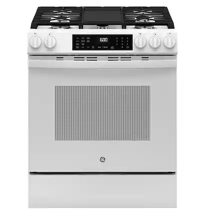 Front. GE - 5.3 Cu. Ft. Slide-In Gas Convection Range with Steam Cleaning and EasyWash Tray - White.
