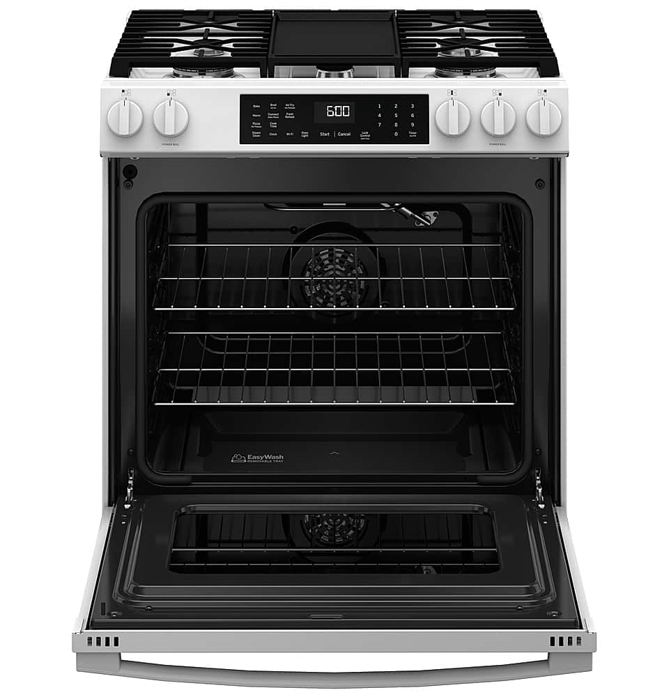 Alt View 18. GE - 5.3 Cu. Ft. Slide-In Gas Convection Range with Steam Cleaning and EasyWash Tray - White.