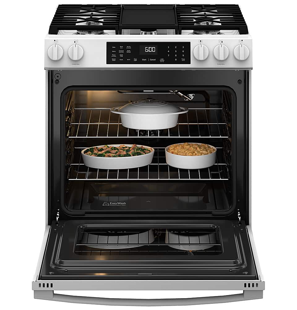Alt View 19. GE - 5.3 Cu. Ft. Slide-In Gas Convection Range with Steam Cleaning and EasyWash Tray - White.