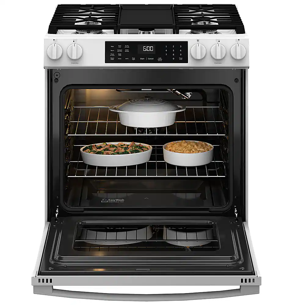 Alt View 19. GE - 5.3 Cu. Ft. Slide-In Gas Convection Range with Steam Cleaning and EasyWash Tray - White.