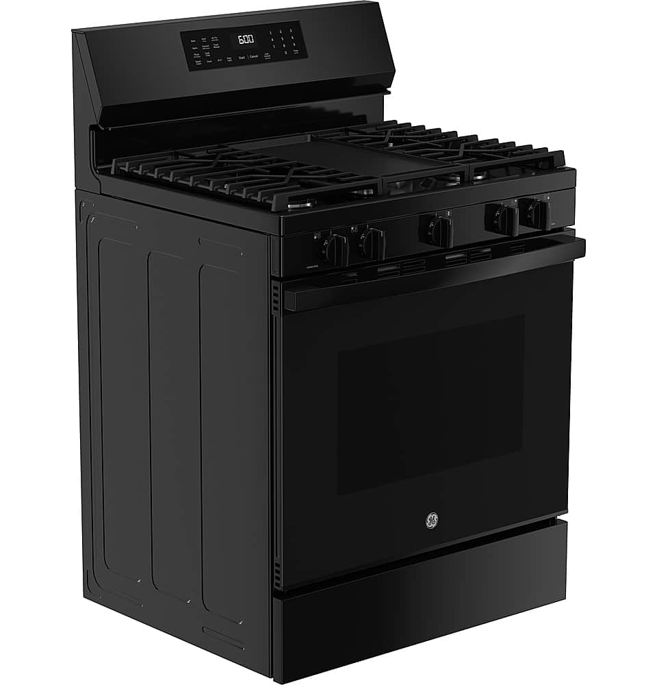 Angle. GE - 5.3 Cu. Ft. Freestanding Gas Convection Range with Steam Cleaning and EasyWash Oven Tray - Black.