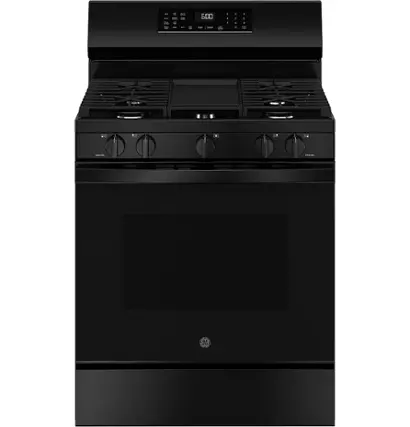 Front. GE - 5.3 Cu. Ft. Freestanding Gas Convection Range with Steam Cleaning and EasyWash Oven Tray - Black.