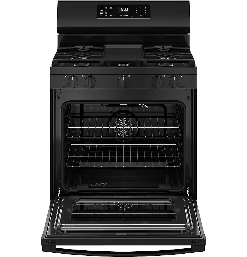 Alt View 18. GE - 5.3 Cu. Ft. Freestanding Gas Convection Range with Steam Cleaning and EasyWash Oven Tray - Black.