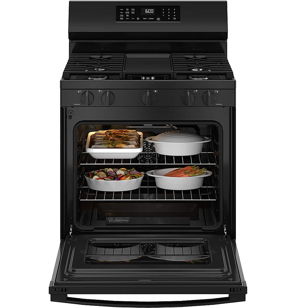 Alt View 19. GE - 5.3 Cu. Ft. Freestanding Gas Convection Range with Steam Cleaning and EasyWash Oven Tray - Black.