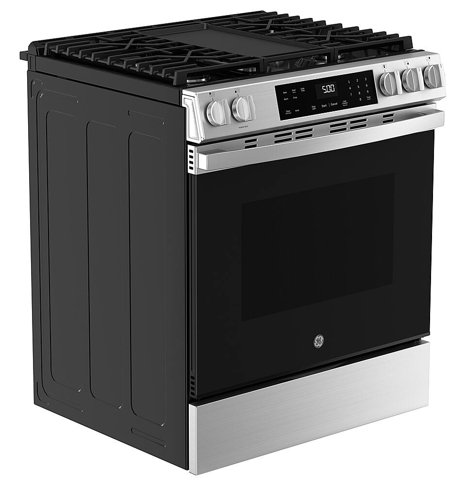 Angle. GE - 5.3 Cu. Ft. Slide In Gas Range with Self-Clean and Steam Clean Option and Crisp Mode - Stainless Steel.
