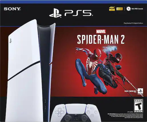 Front. Sony Interactive Entertainment - PlayStation 5 Slim Console Digital Edition – Marvel's Spider-Man 2 Bundle (Full Game Download Included) - White. - T (Teen 13+)