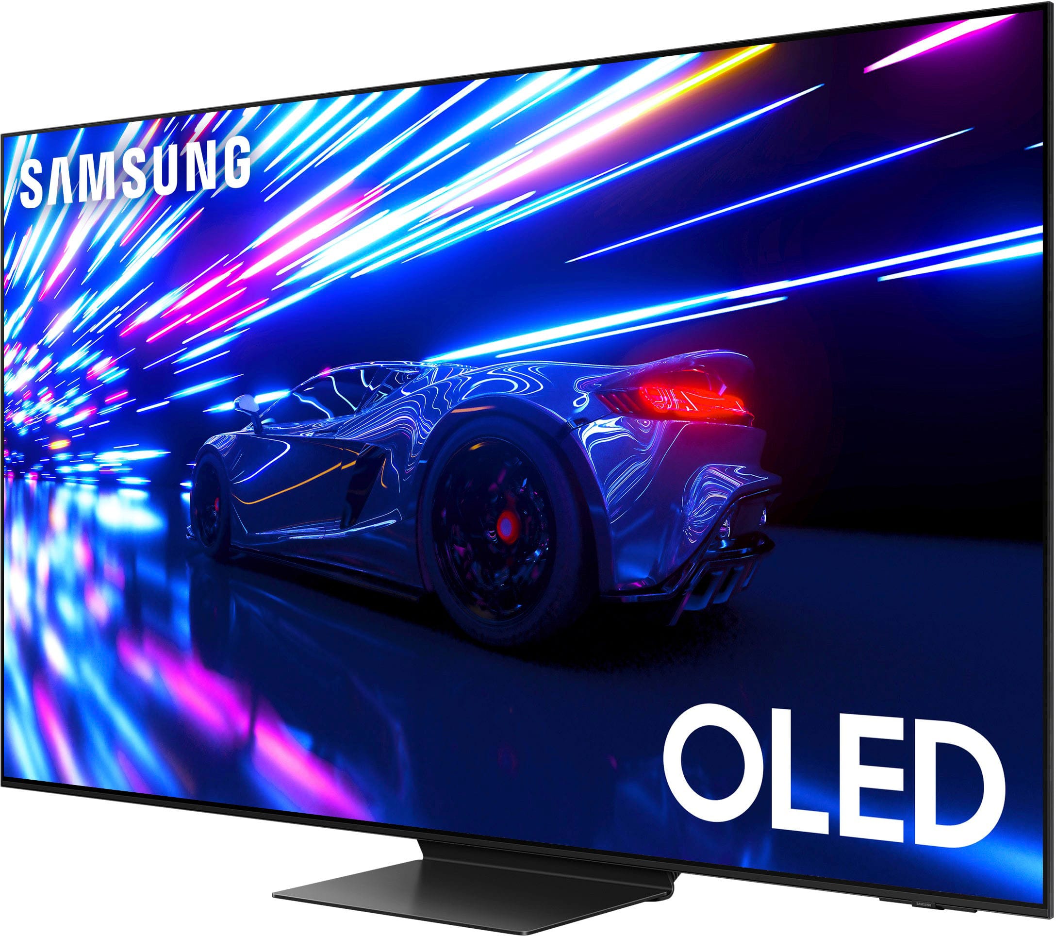 The image features a large Samsung OLED television screen with a purple background. The screen is turned on, and the display is vibrant and eye-catching. The Samsung OLED TV is a top-of-the-line product, known for its excellent picture quality and advanced features. The television is likely designed to provide an immersive viewing experience, making it an attractive choice for entertainment enthusiasts and home theater setups.