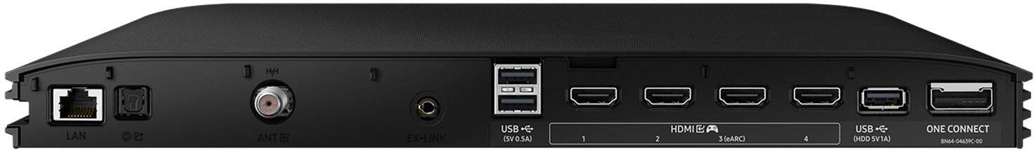 The image features a black computer tower with a USB port, HDMI, and eARC. The USB port is located on the left side of the tower, while the HDMI and eARC ports are on the right side. The computer tower also has a LAN port and a power button on the front. The back of the tower has a One Connect BN64 04679C-00 port.
