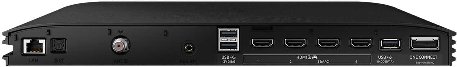The image features a black computer tower with a USB port, HDMI, and eARC. The USB port is located on the left side of the tower, while the HDMI and eARC ports are on the right side. The computer tower also has a LAN port and a power button on the front. The back of the tower has a One Connect BN64 04679C-00 port.