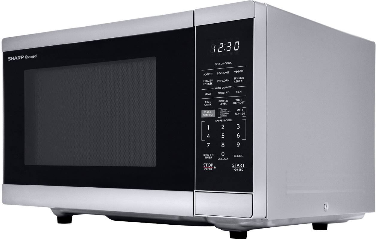 Angle. Sharp - Sharp 1.4 cu. ft. 1100W Smart Countertop Microwave with Inverter Cooking and Works with Alexa - Stainless - Stainless Steel.