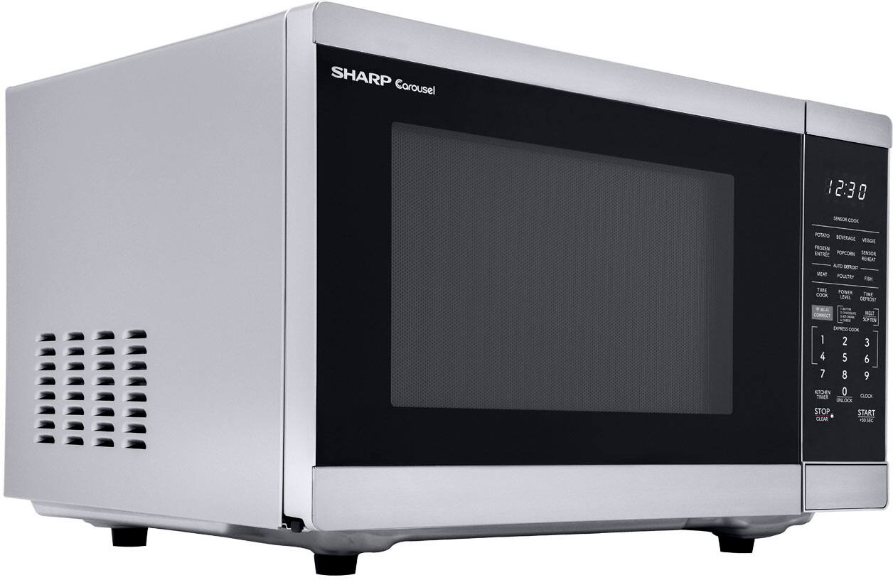 Left. Sharp - Sharp 1.4 cu. ft. 1100W Smart Countertop Microwave with Inverter Cooking and Works with Alexa - Stainless - Stainless Steel.