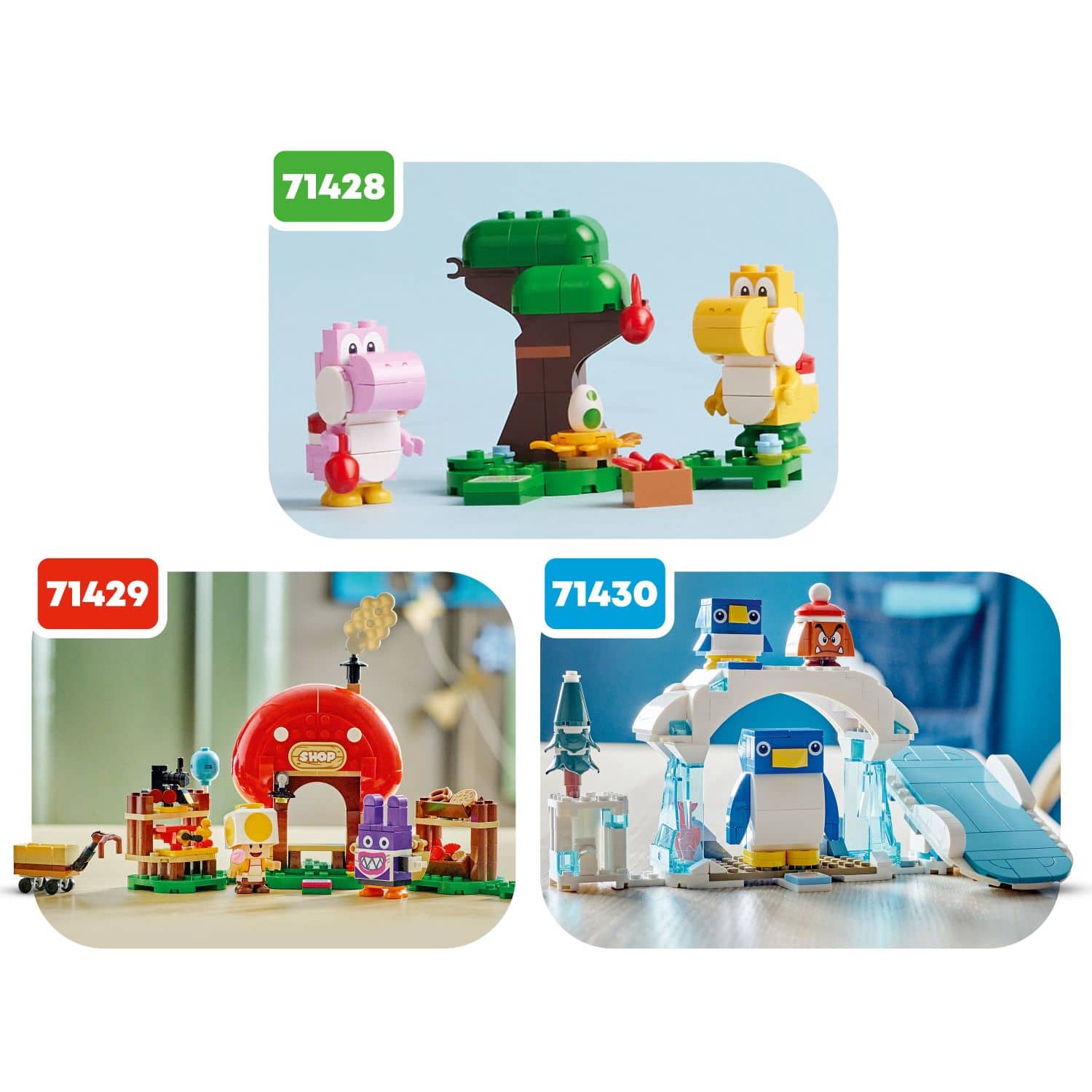 The image features a variety of Lego sets and building sets, including a Lego tree house, a Lego train, and a Lego playhouse. The sets are displayed on a table, with some of them featuring a mix of colors and designs. The image also includes a close-up of a Lego train, showcasing its details and intricate construction. The sets are likely designed for children to build and play with, offering a fun and engaging experience for them.