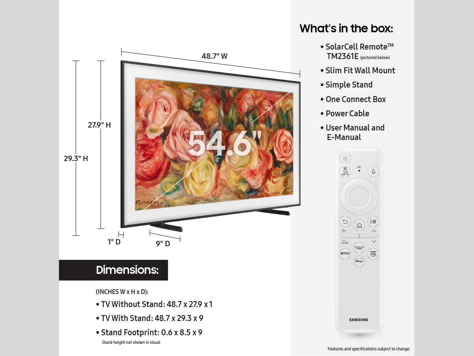 The image features a large flat screen TV, which is part of the Samsung Dimensions line. The TV is mounted on a wall, and it is accompanied by a remote control. The TV is described as a 48.7 inch W SolarCell Remote TM TM2361E model, and it is designed to be used with a Slim Fit Wall Mount. The TV is also equipped with a simple stand and a One Connect Box. The dimensions of the TV are 48.7 inches wide, 27.9 inches high, and 1 inch deep. The remote control is white and is designed to work with the TV. The image also includes a user manual and an e-manual for the TV, which can be accessed through the One Connect Box.