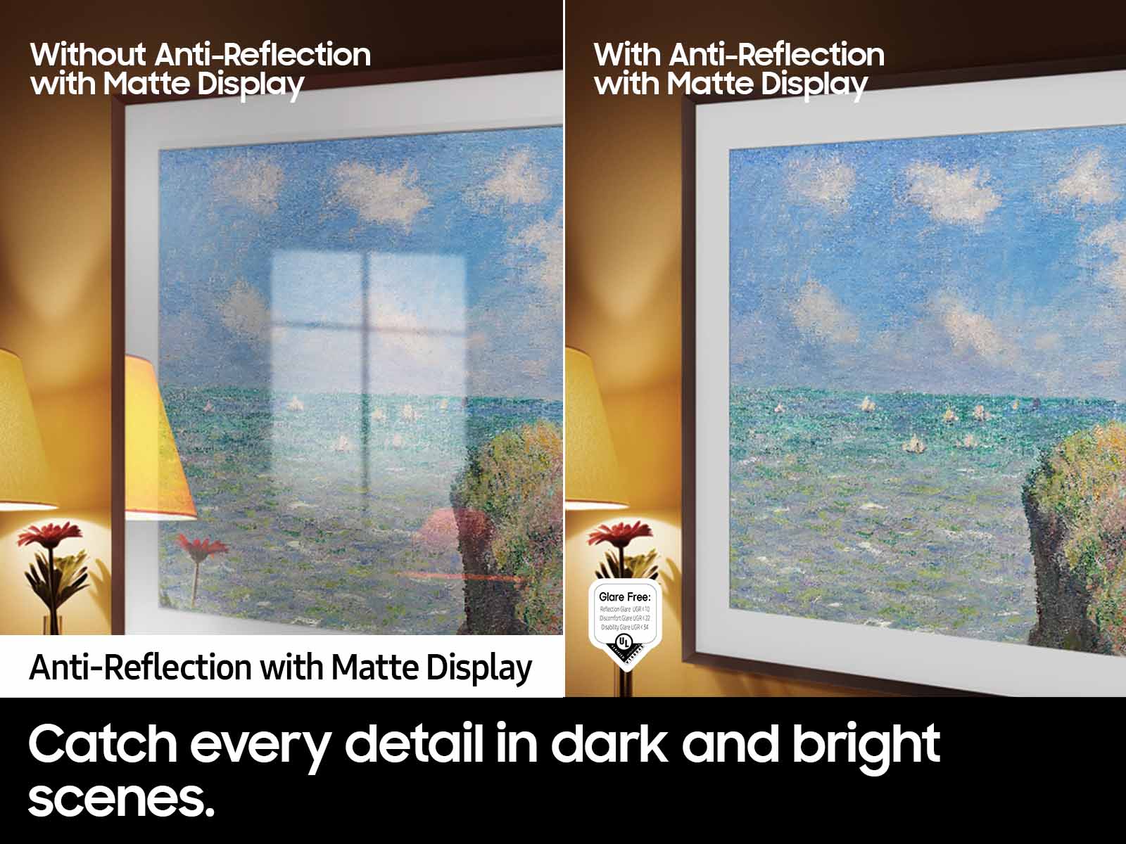 The image showcases two different types of televisions, each with a unique display. The first TV is a glare-free model with anti-reflection and matte display, which allows for better visibility and reduced glare in various lighting conditions. The second TV is also a glare-free model, but it features a matte display without anti-reflection. This TV is designed to provide a more immersive viewing experience in both dark and bright scenes.