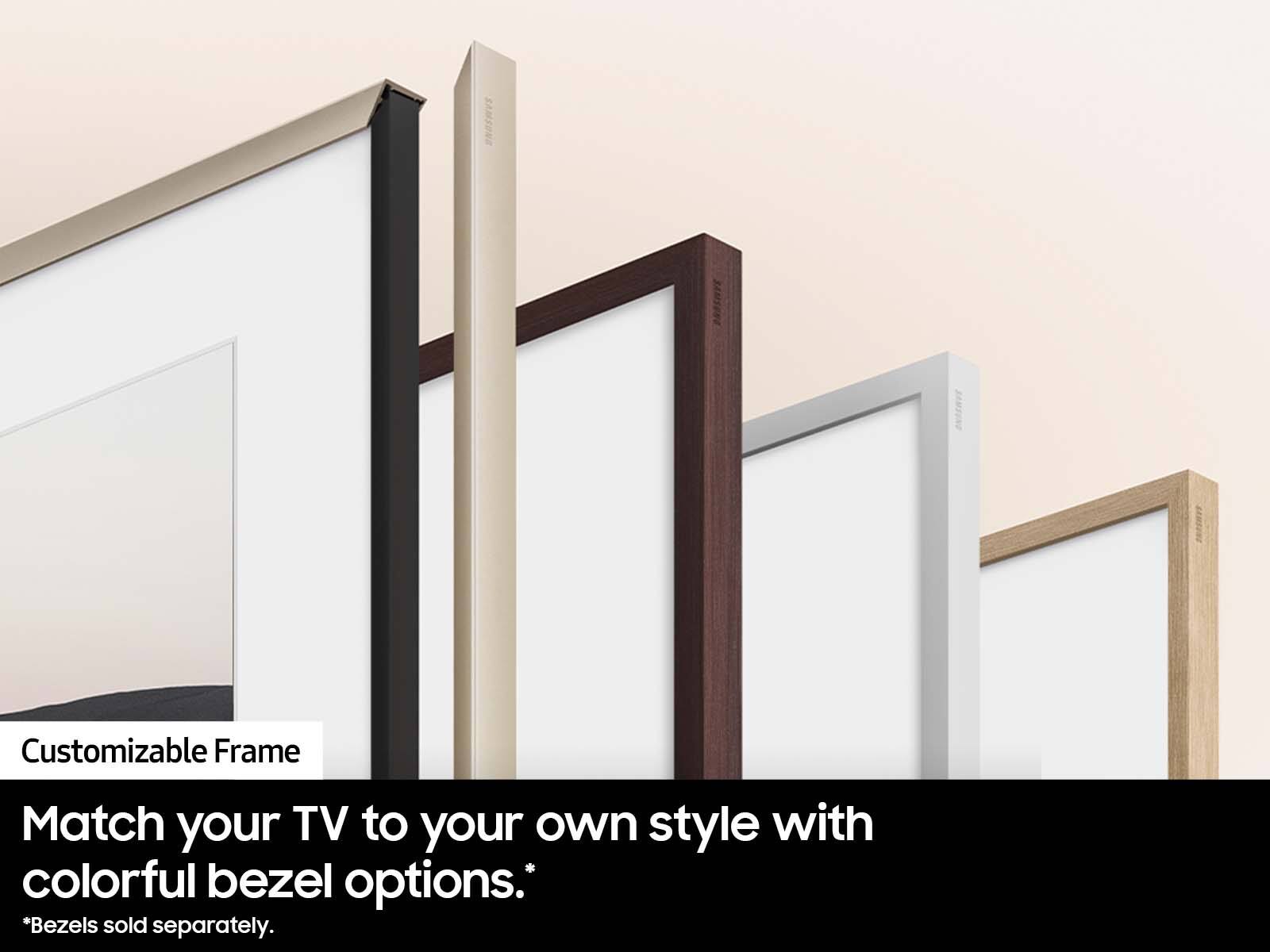 The image features a row of five framed pictures, each with a different colorful bezel. The framed pictures are lined up next to each other, showcasing the variety of bezel options available for customization. The ad emphasizes the ability to match the TV to one's own style with these colorful bezel options.