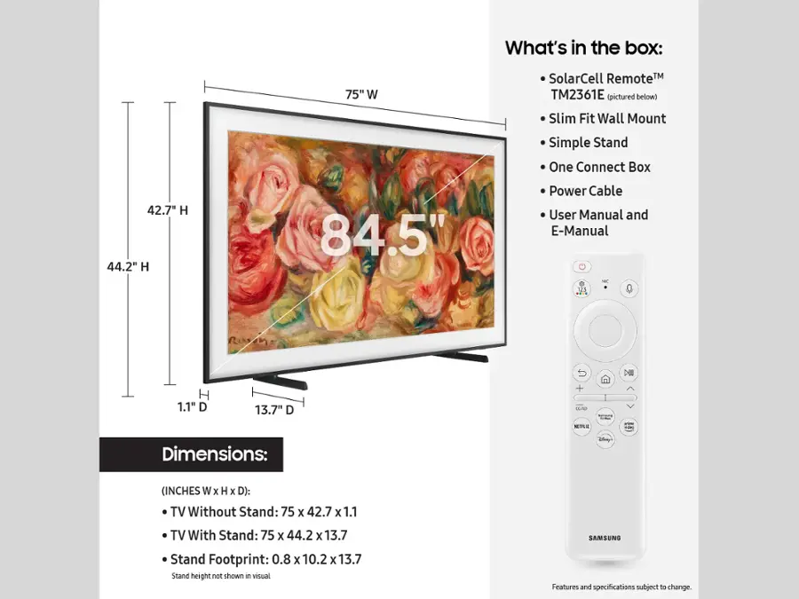 The image features a large 75-inch television set, which is part of the Samsung lineup. The TV is displayed with a picture of a flower on it. The box contains the television, a remote control, a user manual, and an e-manual. The dimensions of the TV without a stand are 75 inches wide by 42.7 inches high by 1.1 inches deep, while the dimensions with a stand are 75 inches wide by 44.2 inches high by 13.7 inches deep. The stand footprint is 0.8 inches by 10.2 inches by 13.7 inches.