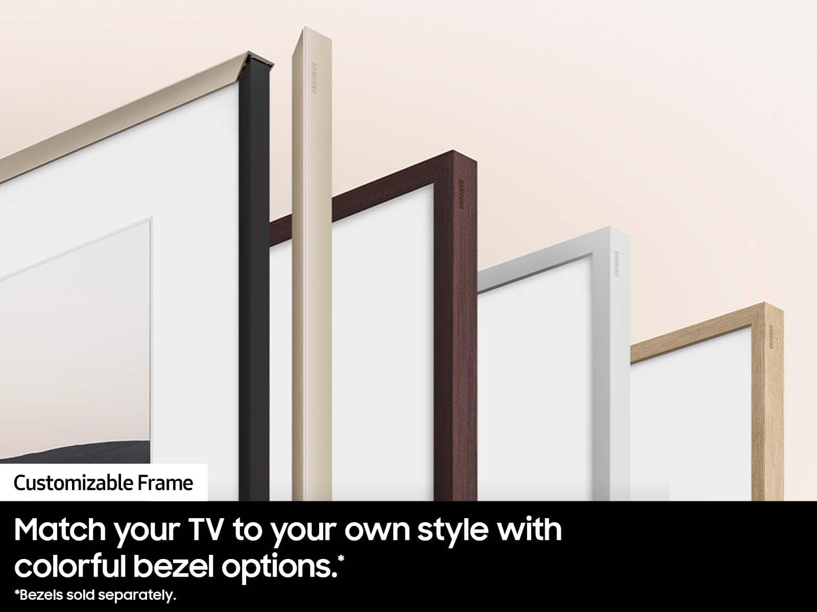 The image features a row of five framed pictures, each with a different colorful bezel. The framed pictures are lined up next to each other, showcasing the variety of bezel options available for customization. The ad emphasizes the ability to match the TV to one's own style with these colorful bezel options.