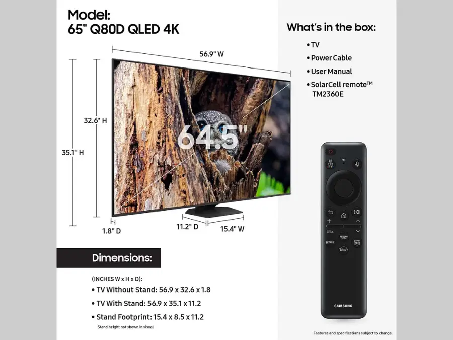 The image features a 65-inch Q80D QLED 4K television. The television is displayed in a box, which also contains a power cable, user manual, and a SolarCell remote. The TV dimensions are 56.9 x 32.6 x 1.8 inches without the stand and 56.9 x 35.1 x 11.2 inches with the stand. The stand footprint is 15.4 x 8.5 x 11.2 inches. The television is a flat screen model, and its features and specifications are subject to change.