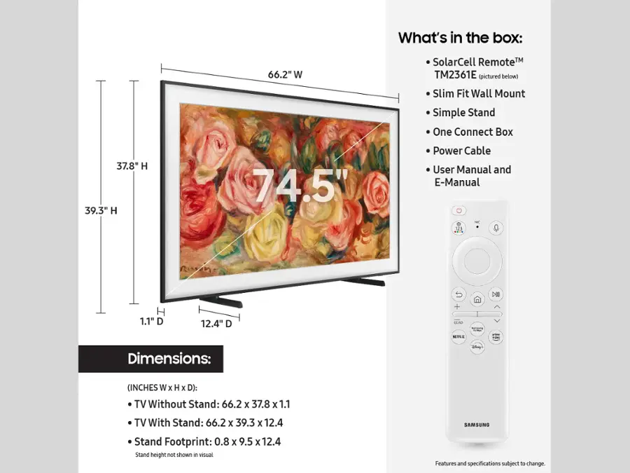 The image features a large flat screen television with a picture of roses on it. The television is accompanied by a remote control, and there is a user manual and e-manual included in the box. The television is described as a 66.2" W SolarCell Remote TM TM2361E, and it comes with a slim fit wall mount, a simple stand, and a one connect box. The dimensions of the television are 66.2 x 37.8 x 1.1 inches without the stand and 66.2 x 39.3 x 12.4 inches with the stand. The television is made by Samsung, and the stand footprint is 0.8 x 9.5 x 12.4 inches.