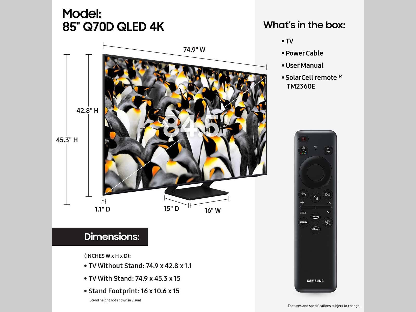 The image features a large Samsung television with a penguin design on the screen. The TV is accompanied by a remote control and a user manual. The television is described as a 85" Q70D QLED 4K model, with a 74.9" diagonal width. The dimensions of the TV without a stand are 74.9 x 42.8 x 1.1 inches, while the dimensions with a stand are 74.9 x 45.3 x 15 inches. The stand footprint is 16 x 10.6 x 15 inches. The image also includes a solar cell remote, which is a unique feature of this particular model.