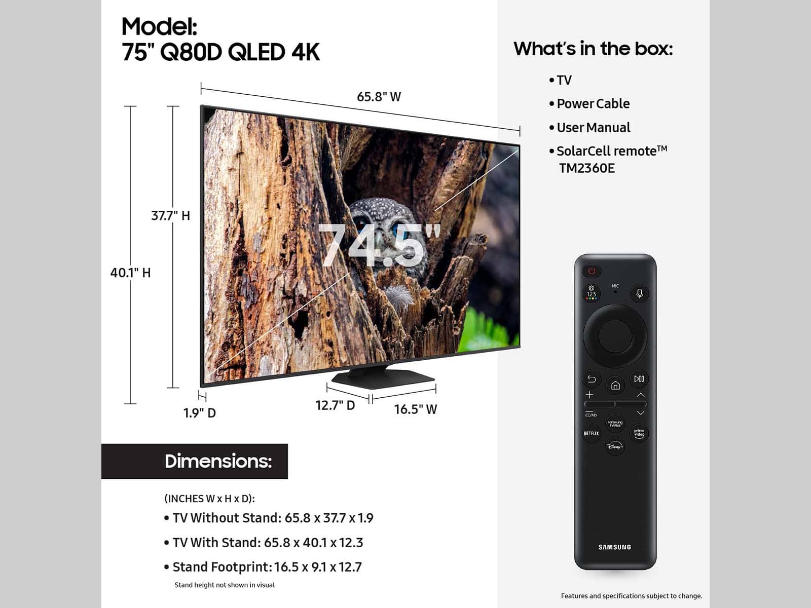 The image features a large flat screen TV with a remote control placed beside it. The TV is described as a 75" Q80D QLED 4K, and it is accompanied by a user manual, a solar cell remote, and a power cable. The TV's dimensions are 65.8 x 37.7 x 1.9 inches without a stand and 65.8 x 40.1 x 12.3 inches with a stand. The image also includes a comparison of the TV's size with a person, emphasizing its large size.