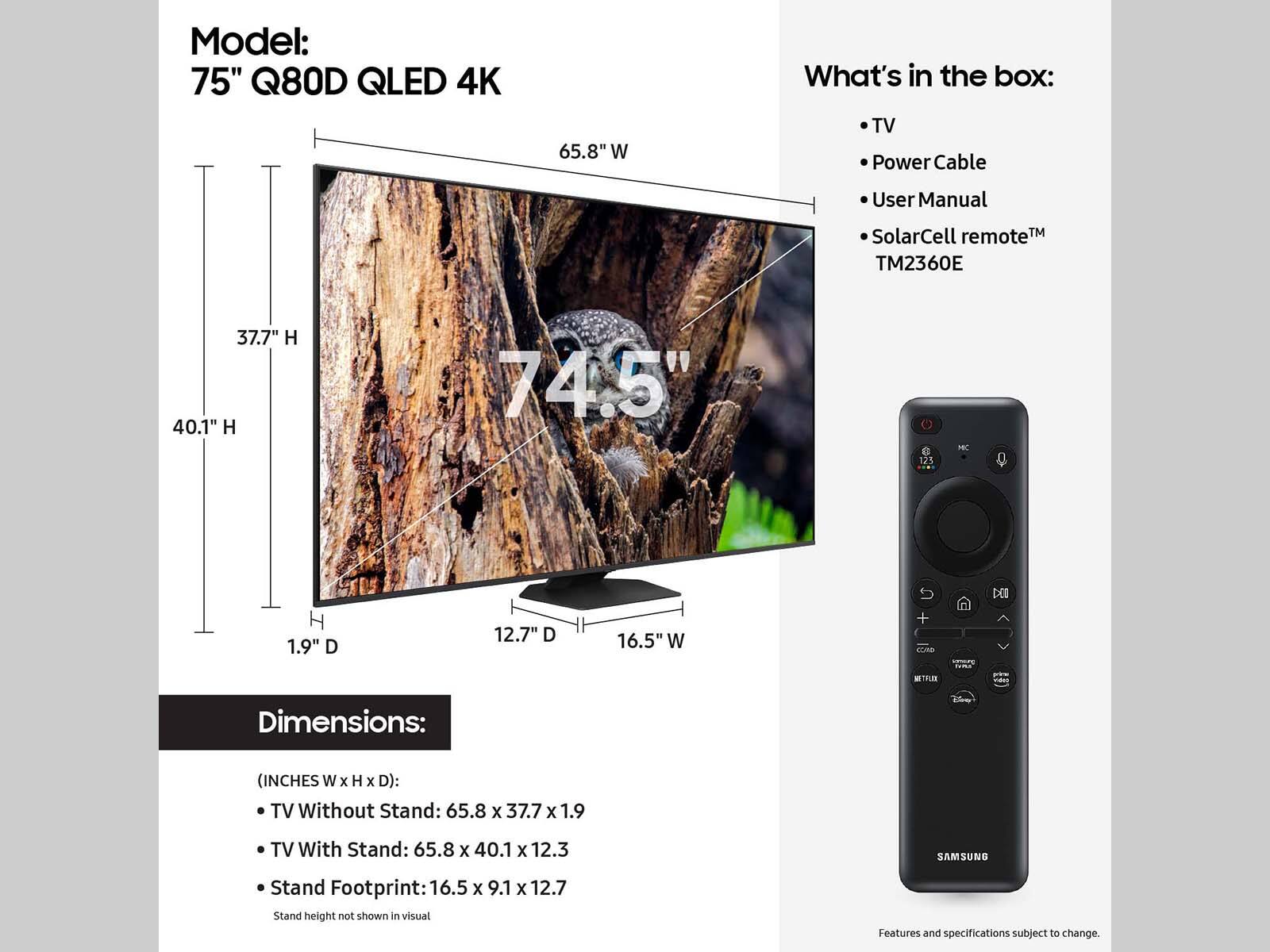 The image features a large flat screen TV with a remote control placed beside it. The TV is described as a 75" Q80D QLED 4K, and it is accompanied by a user manual, a solar cell remote, and a power cable. The TV's dimensions are 65.8 x 37.7 x 1.9 inches without a stand and 65.8 x 40.1 x 12.3 inches with a stand. The image also includes a comparison of the TV's size with a person, emphasizing its large size.