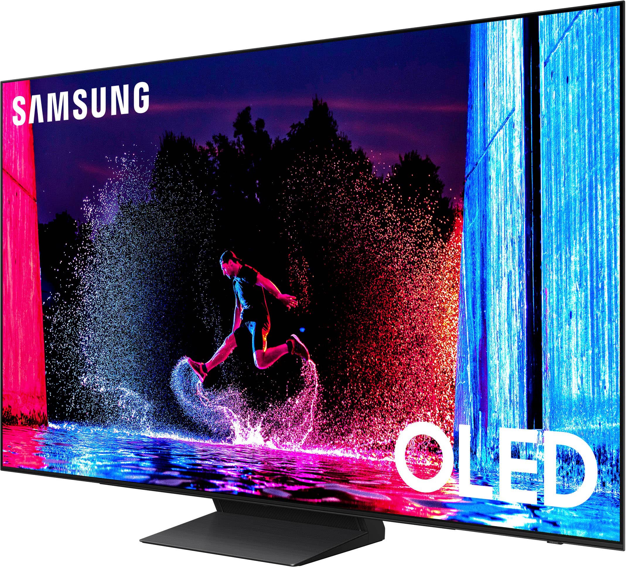 The image features a large Samsung OLED television screen, which is an ultra-high-definition display. The screen is prominently displayed in the image, showcasing its impressive size and resolution. The Samsung OLED television is a top-of-the-line product, known for its vibrant colors, deep blacks, and excellent contrast. This television is designed to provide an immersive viewing experience for users, making it a popular choice for entertainment and gaming enthusiasts.