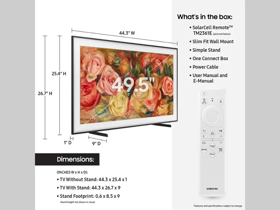 The image features a 44.3" W SolarCell Remote TM TM2361E television set. The TV is mounted on a wall, and a remote control is placed nearby. The dimensions of the TV without a stand are 44.3 x 25.4 x 1, while the dimensions with a stand are 44.3 x 26.7 x 9. The stand footprint is 0.6 x 8.5 x 9. The TV is designed with a slim fit wall mount and comes with a simple stand, a one connect box, and a power cable. The user manual and e-manual are also included with the purchase.