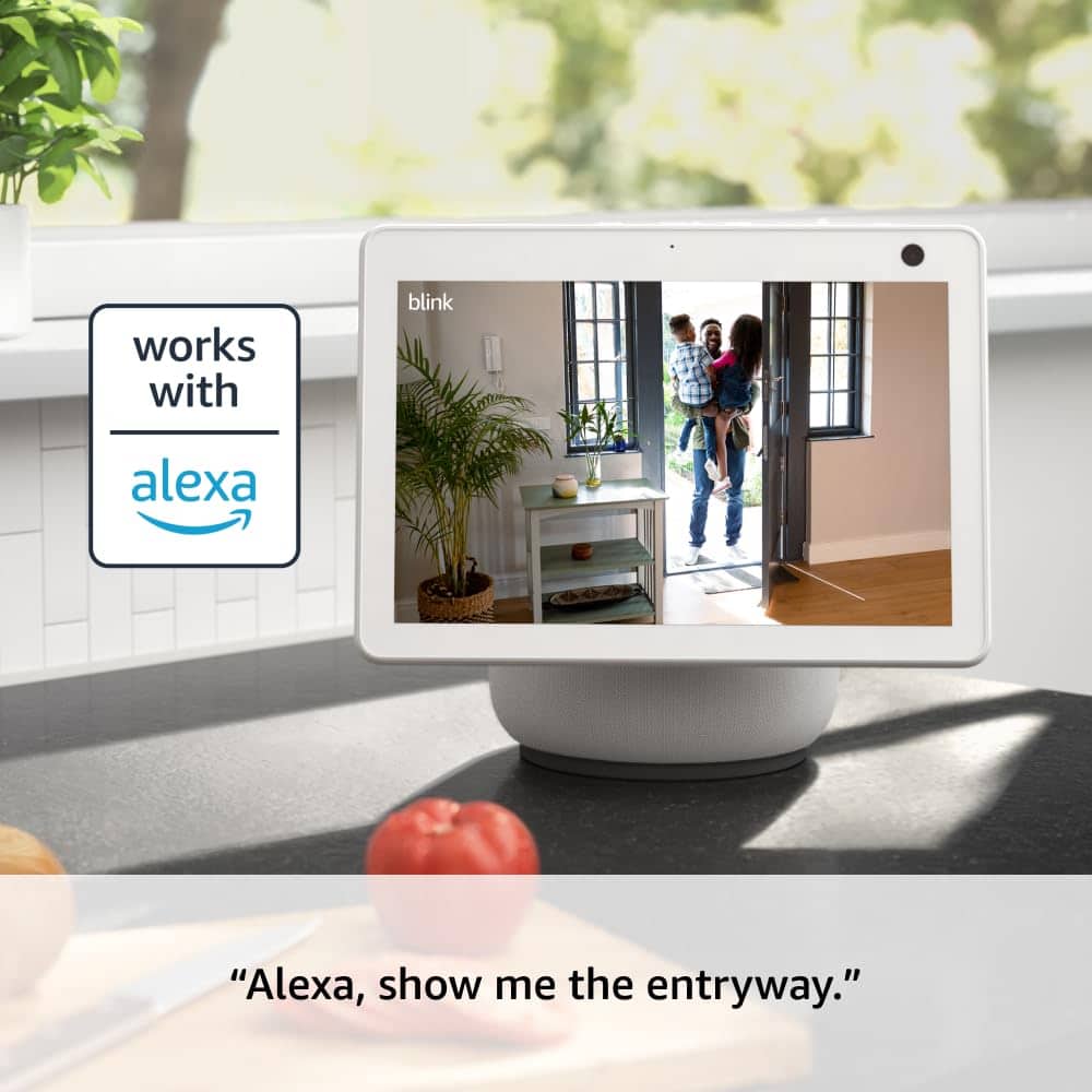 "Works with Blink Alexa" and "Alexa, show me the entryway."