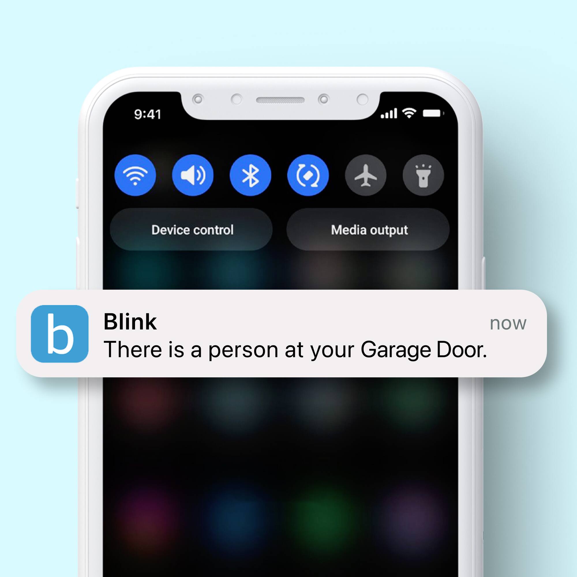 The largest text in the image reads "Blink now". The text "There is a person at your Garage Door" is categorized as Surveillance_Cameras.