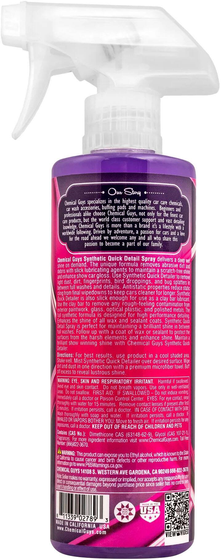 Our Story Chemical Guys specializes in the highest quality chemicals, accessories, and buffing pads for machines. Beginners and professionals choose Chemical Guys products for their world-class customer support and detailing knowledge. The Chemical Guys brand represents a lifestyle of adventure and passion, and we welcome those who share this passion to become part of our family. Chemical Guys Synthetic Quick Detail Spray delivers a unique formula that removes abrasive lubricating agents, maintains scratch-free gloss, and enhances the appearance of details. The antistatic properties of the Synthetic Detailer reduce wipedowns and keep surfaces cleaner for longer. The synthetic formula is designed for high-performance detailing and enhances sealant coats. The Synthetic Spray is perfect for maintaining a brilliant shine between washes and protects surfaces from harsh elements while enhancing the appearance of sealant coats. Follow the sealant to maintain a winning shine with Chemical Guys Synthetic Detailer.