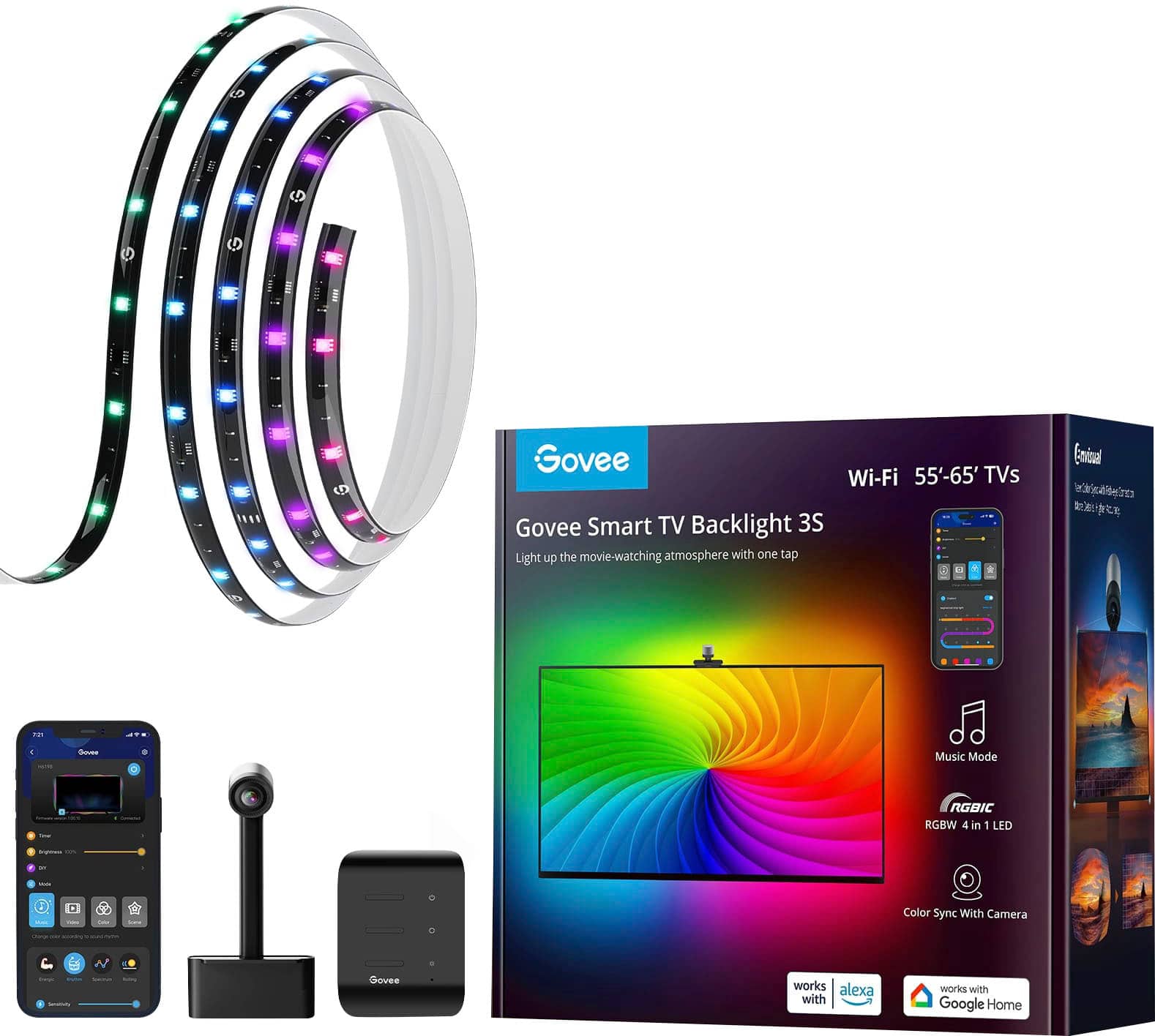 The image features a box of Govee Smart TV Backlight 3S, which is a Wi-Fi enabled LED light designed for use with 55' to 65' TVs. The box also contains a smartphone, a camera, and a remote control. The LED light is designed to enhance the movie-watching atmosphere with just one tap on the Wi-Fi feature. The package also includes a music mode and a color sync feature that works with both Alexa and Google Home.