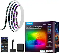 The image features a box of Govee Smart TV Backlight 3S, which is a Wi-Fi enabled LED light designed for use with 55' to 65' TVs. The box also contains a smartphone, a camera, and a remote control. The LED light is designed to enhance the movie-watching atmosphere with just one tap on the Wi-Fi feature. The package also includes a music mode and a color sync feature that works with both Alexa and Google Home.