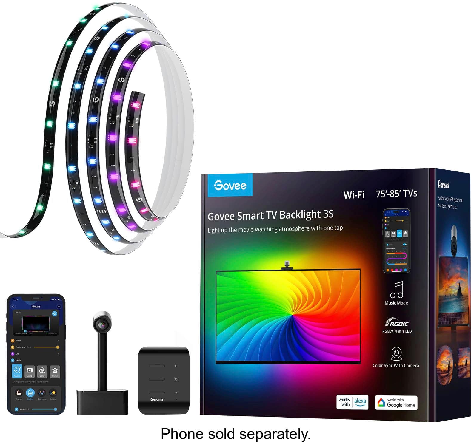 The image features a Govee Smart TV Backlight 3S box with a colorful rainbow light on the front. The box is placed next to a cell phone, and there is also a remote control nearby. The backlight is designed to enhance the movie-watching atmosphere with just one tap, and it comes with various modes, including music mode, color cycle, and camera mode. The Govee works with both Alexa and Google Home, making it a versatile and convenient addition to any living space.