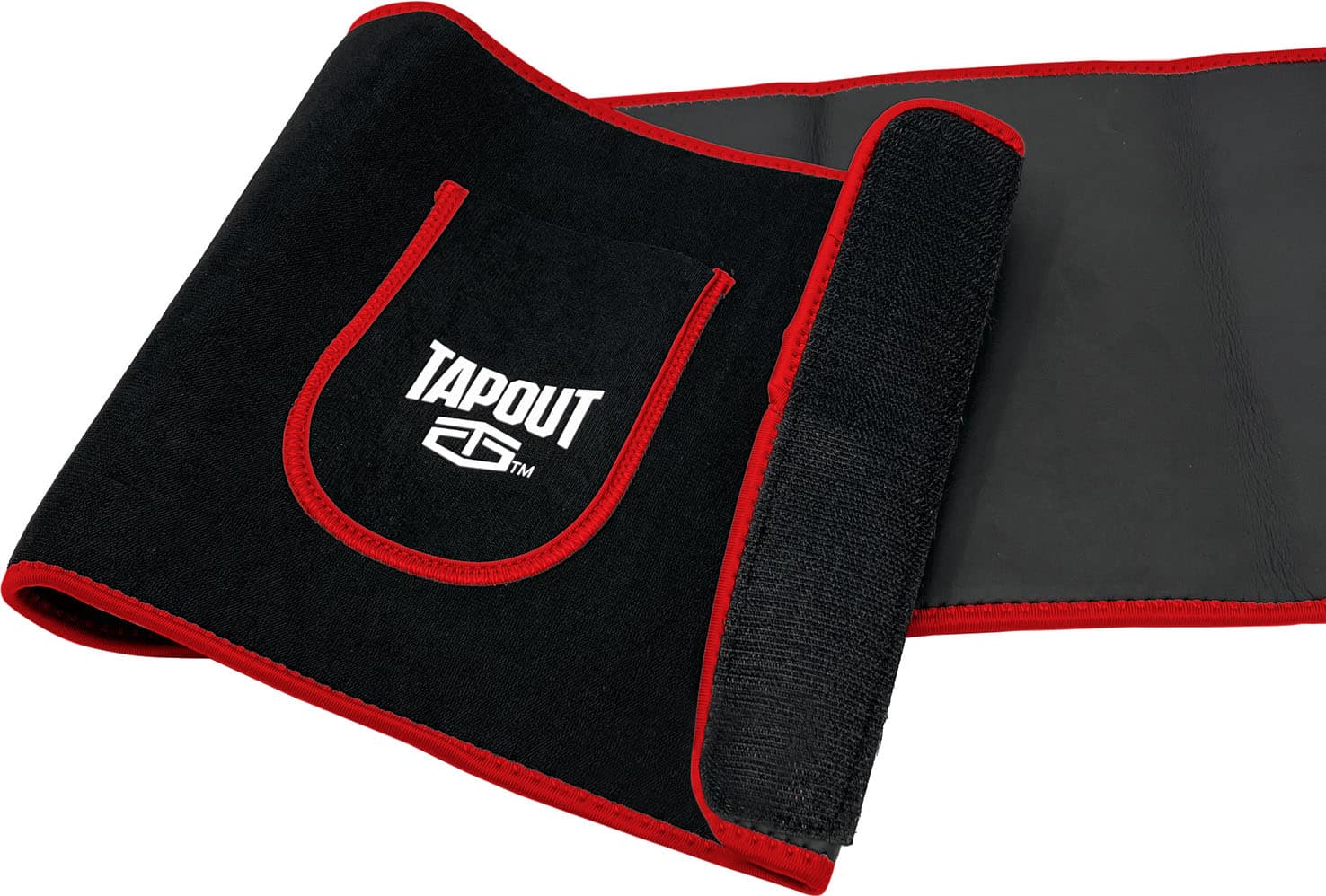 Left View: Tapout - 12in Slimmer Belt with Pocket - Black with Red