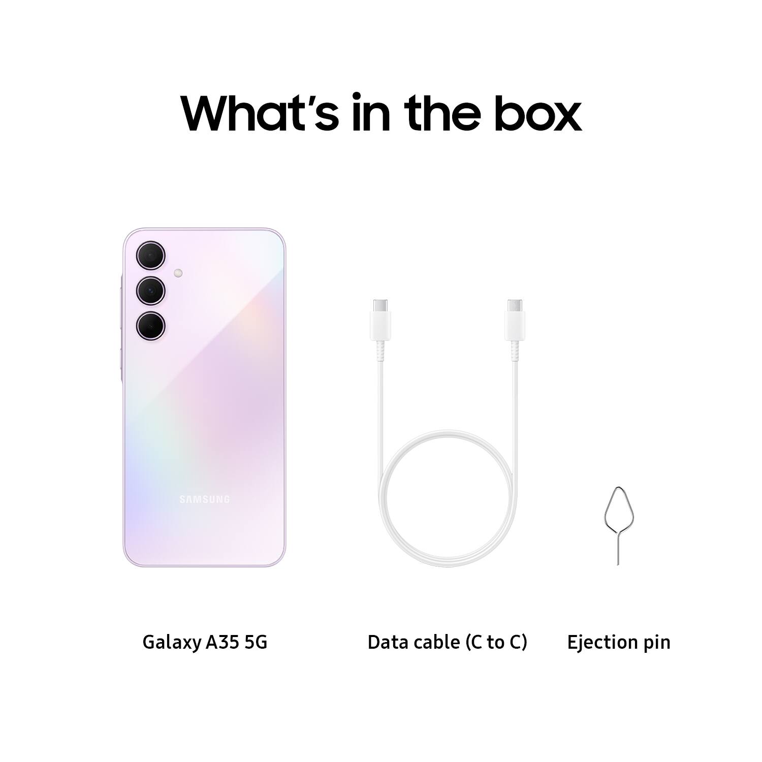 The image features a Samsung Galaxy A35 5G phone, a data cable, and an ejection pin. The phone is placed on the left side of the image, while the data cable is positioned in the middle. The ejection pin is located on the right side of the image. The box is open, revealing the contents inside.