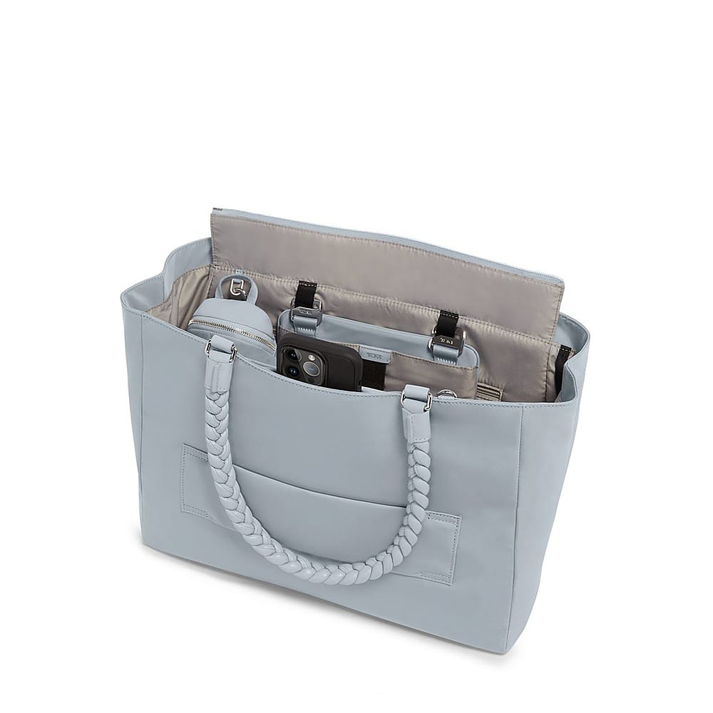 Left View: TUMI - Voyageur Valetta Braided Large Tote - Halogen Blue