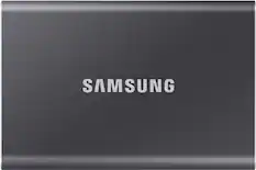 Front. Samsung - T7 4TB External USB 3.2 Gen 2 Portable SSD with Hardware Encryption - Titan Gray.