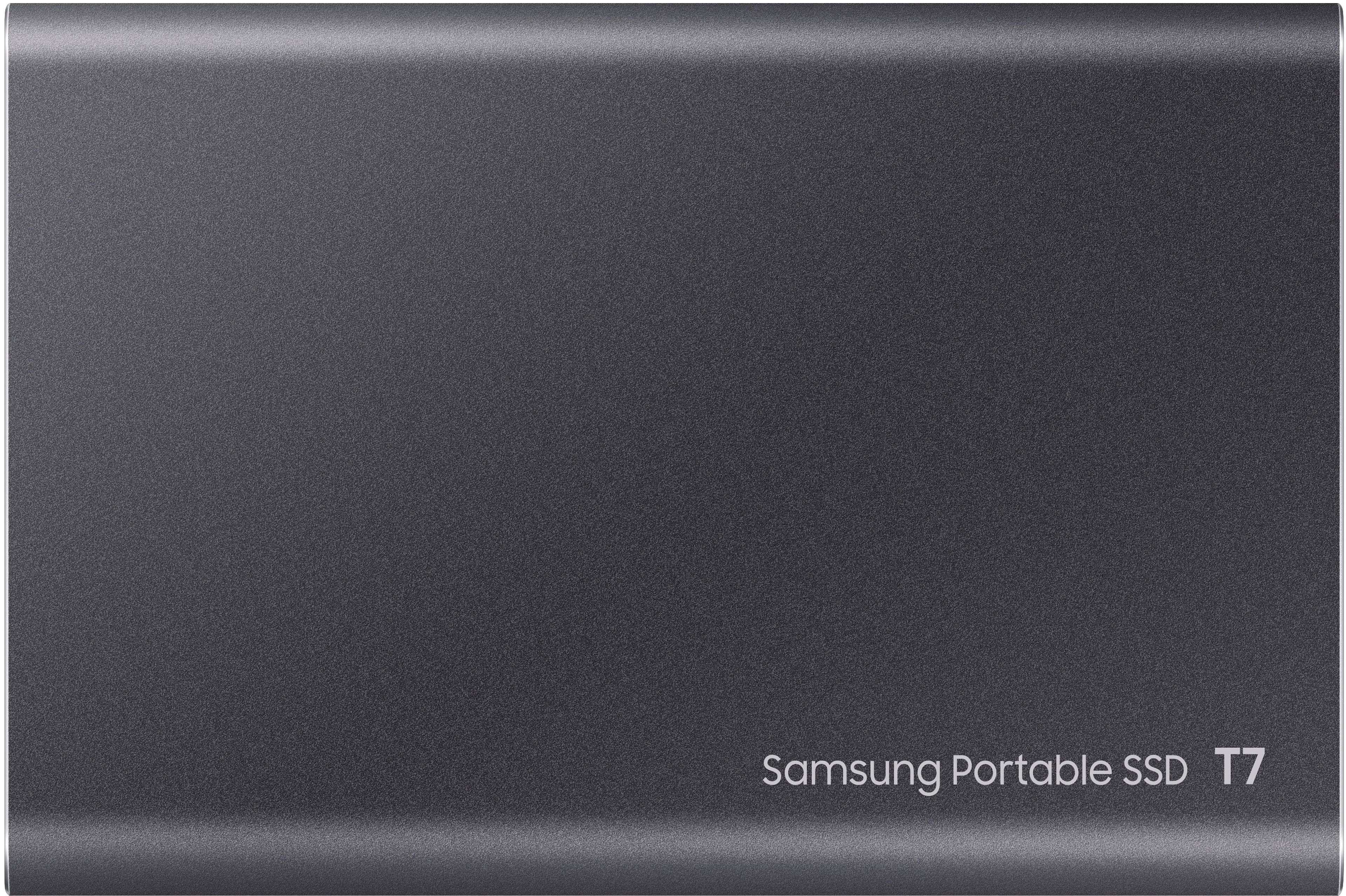 The image features a Samsung Portable SSD T7, which is an external hard drive. The hard drive is shown in a close-up view, highlighting its sleek design and portability.