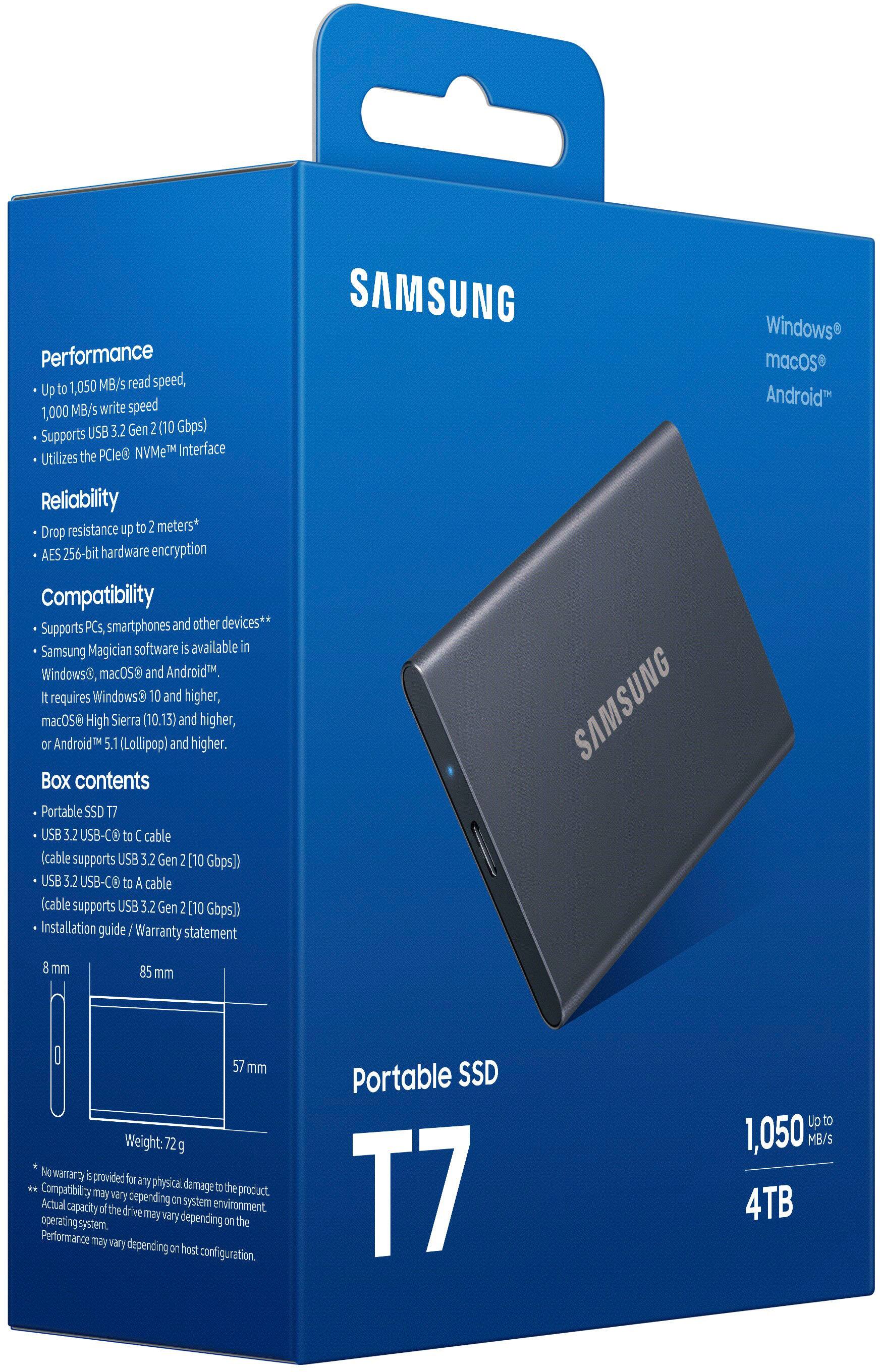 The image features a Samsung product box containing a portable 1.05 TB SSD. The box is blue and has a white label with the Samsung logo. The SSD is designed for performance up to 1,050 MB/s read speed and 1,000 MB/s write speed. It supports the PCIe NVMe interface and has a reliability rating of 1.5 meters. The SSD also features AES 256-bit hardware encryption for added security. The box includes a USB-C to USB-A cable for easy connectivity to various devices. The product is compatible with Windows, macOS, and Android systems, and it requires a minimum of Windows 8, macOS 10.9, and Android 11 Lollipop or higher. The box also contains an installation guide and a warranty statement.