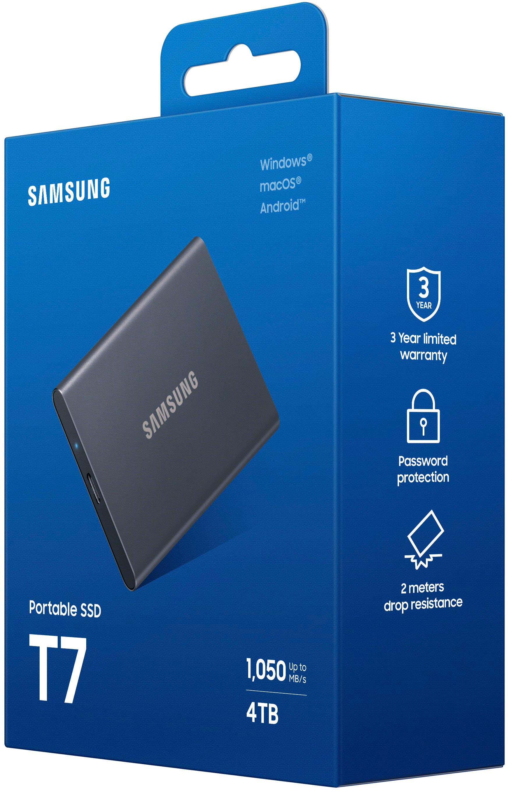 The image features a blue box containing a Samsung portable SSD T7. The box is open, revealing the SSD inside. The Samsung portable SSD T7 is a 4TB device with a 3-year limited warranty, password protection, and a drop resistance of up to 2 meters. It is compatible with Windows, macOS, and Android operating systems.