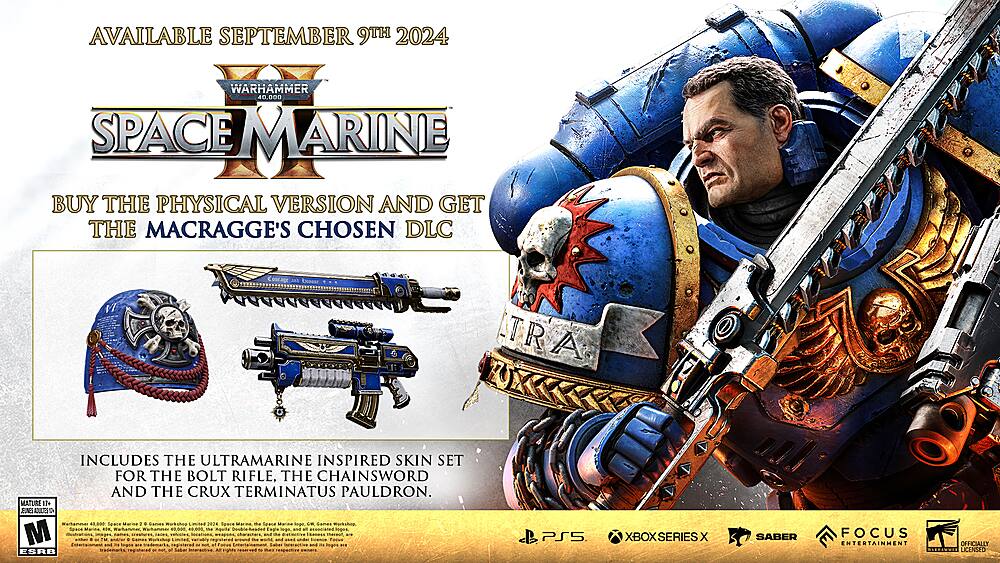 The image features a Space Marine game, which is set to be released on September 9th, 2024. The game is available for purchase on the PlayStation 5 and Xbox Series X. The physical version of the game comes with the Macragge's Chosen DLC, which includes an UltraMarine-inspired skin set for the Bolt Rifle, the Chainsword, and the Crux Terminatus Pauldrons. The game is rated Mature 17+ and is developed by Saber Interactive. The image also includes a Warhammer 40,000 Space Marine game and a Warhammer 40,000 Space Marine - Sanes Workshop.