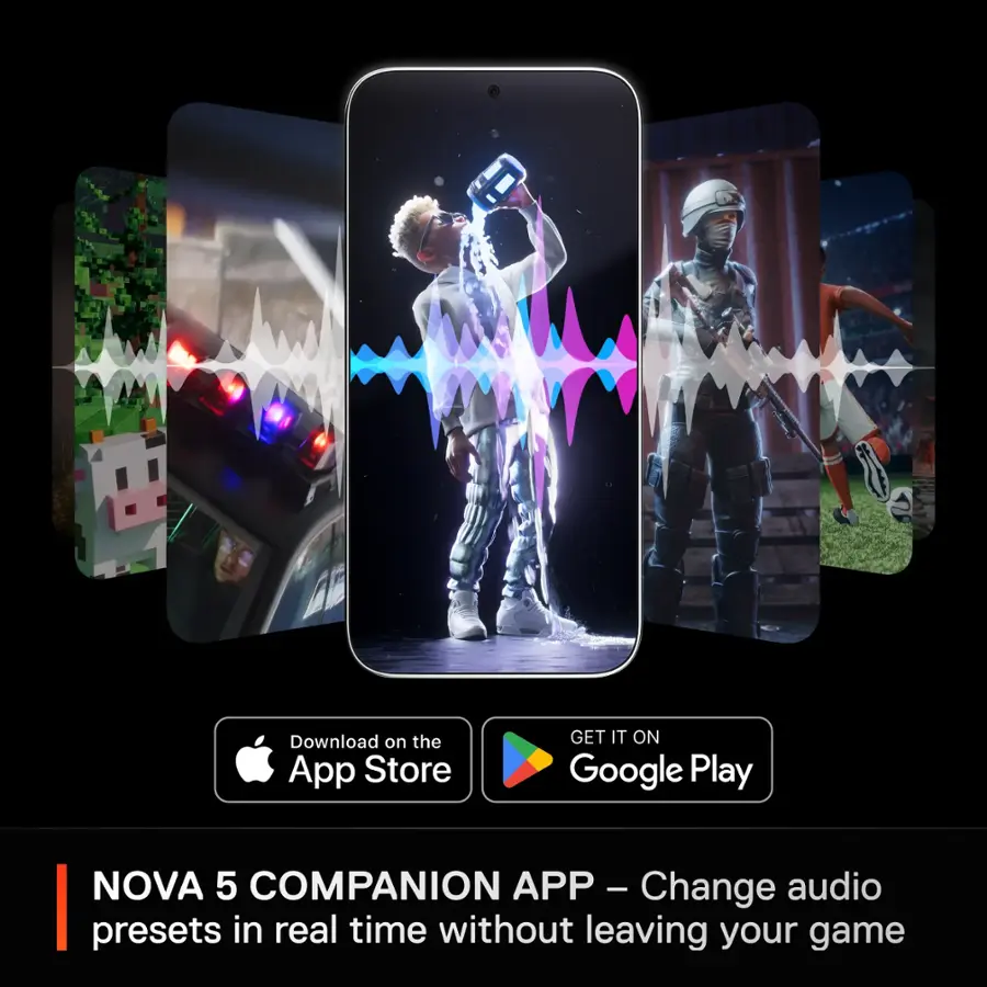The text on the image reads: "Download on the App Store GET IT ON Google Play NOVA 5 COMPANION APP - Change audio presets in real time without leaving your game."