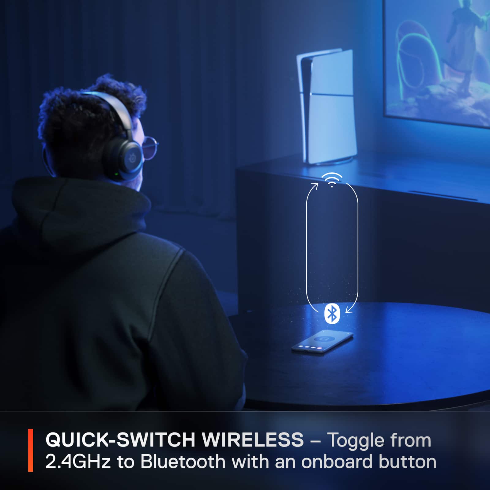 The text on the image reads: "Quick-Switch Wireless - Toggle from 2.4GHz to Bluetooth with an onboard button."