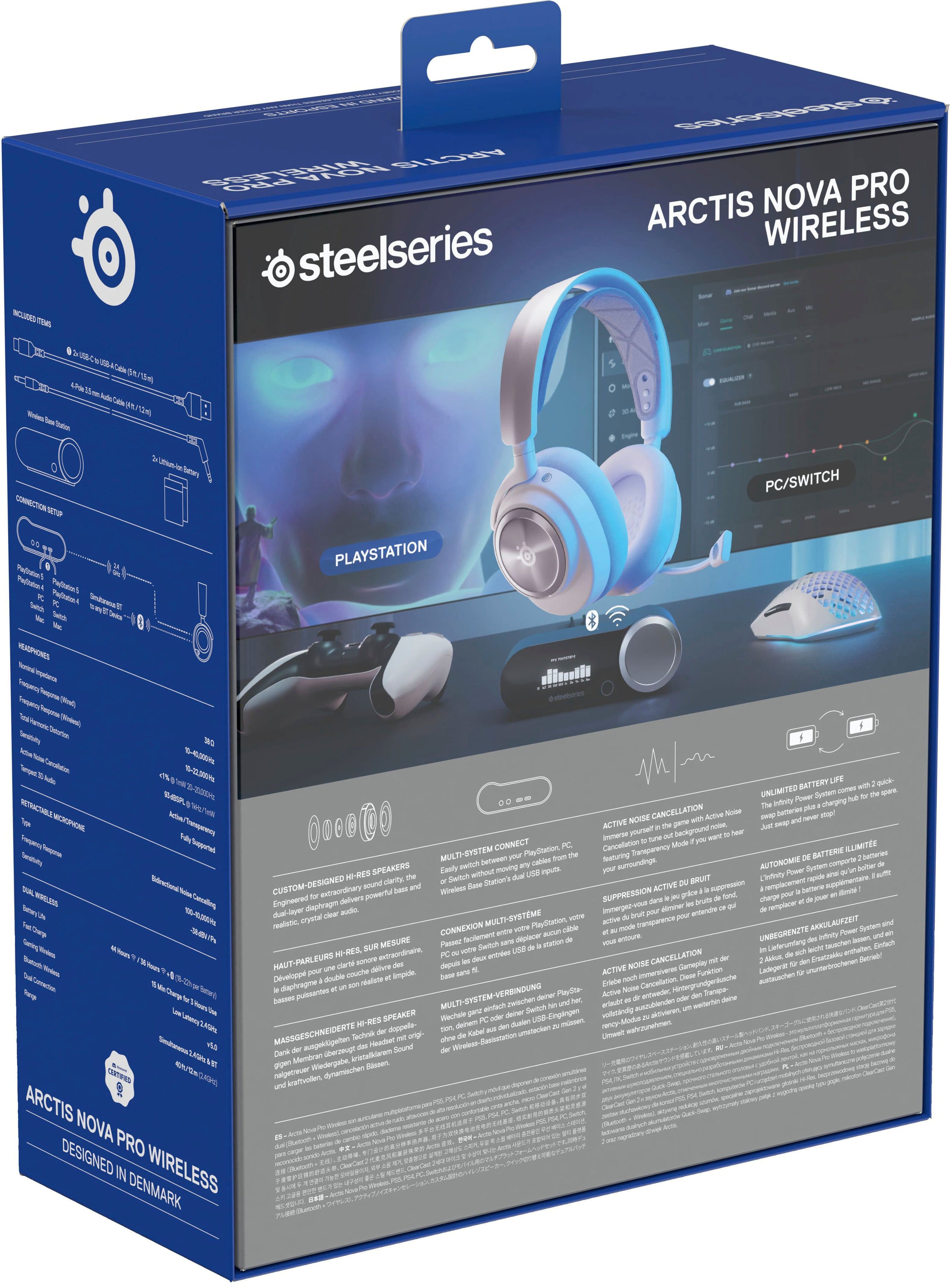 The box is blue and contains a pair of Arctis Nova Pro wireless headphones. The headphones are designed for PlayStation, PC, and Switch gaming systems and are compatible with multiple systems. The headphones come with a USB dongle for wireless connectivity and a 3.5mm audio jack for wired connections. The box also includes a USB cable for charging the headphones and a carrying case for easy transportation. The headphones are equipped with a built-in microphone and feature a detachable boom mic for clear communication during gameplay. The headphones also have a long battery life, providing up to 20 hours of playtime.