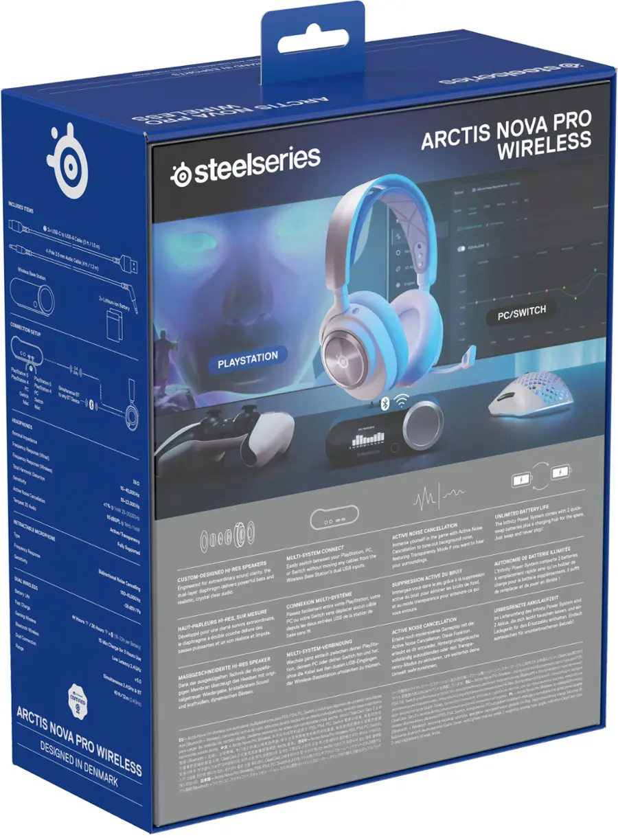 The box is blue and contains a pair of Arctis Nova Pro wireless headphones. The headphones are designed for PlayStation, PC, and Switch gaming systems and are compatible with multiple systems. The headphones come with a USB dongle for wireless connectivity and a 3.5mm audio jack for wired connections. The box also includes a USB cable for charging the headphones and a carrying case for easy transportation. The headphones are equipped with a built-in microphone and feature a detachable boom mic for clear communication during gameplay. The headphones also have a long battery life, providing up to 20 hours of playtime.