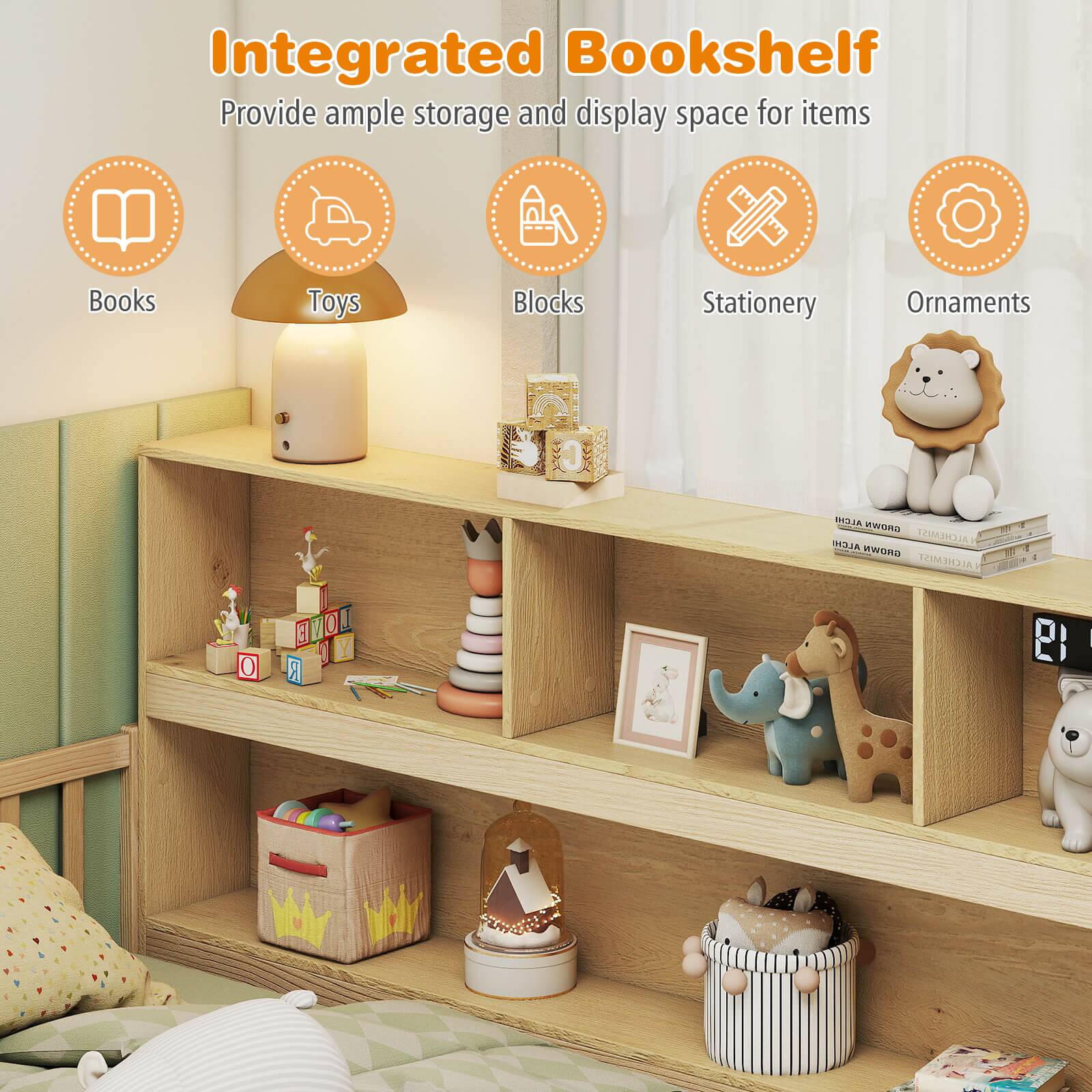 Alt View 7. Costway - Costway Twin Size Montessori Floor Bed with Bookcase Storage Shelves & Safety Fence Rails - Natural.